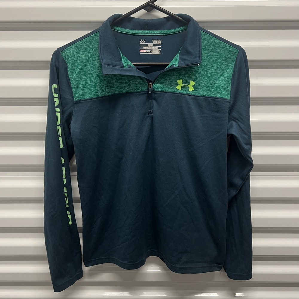 Under Armour Pullover Size Youth Large Boys Navy Green HeatGear 1/4 Zip Athletic — photo 2